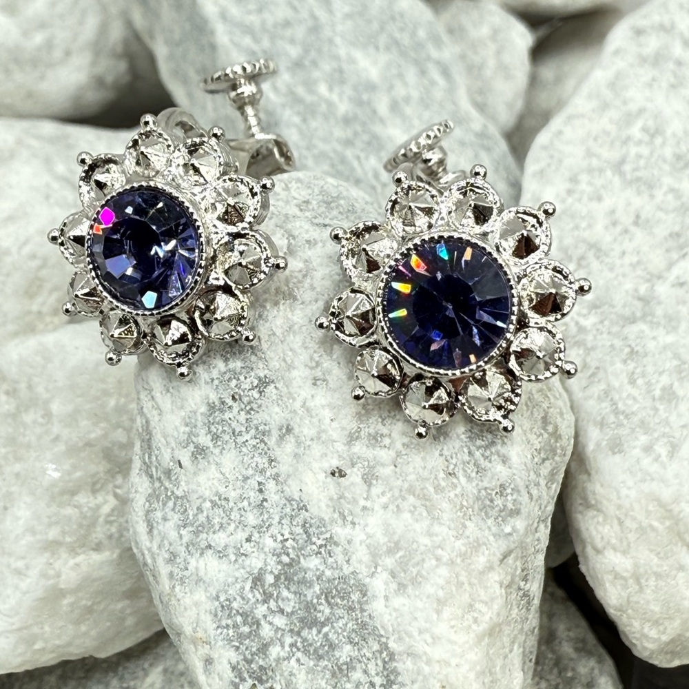 Vintage Joan Rivers Purple AB Rhinestone Button Earrings Silver-Tone Adjustable - Picture 7 of 15